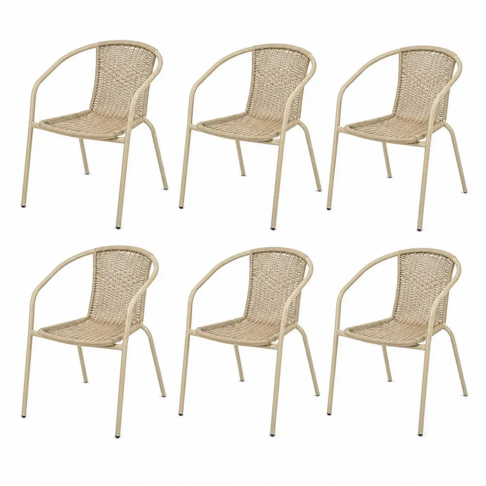 Gartenstuhl 6er Set Stapelstuhl mit Armlehnen PE-Rattan Stahlgestell Beige Schwarz je 55 x 60 x 86 cm