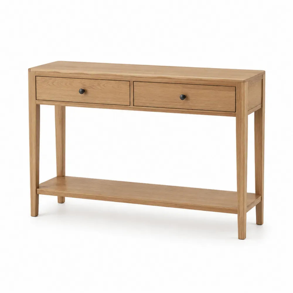 Konsolentisch Flurtisch 120 x 35 x 80 cm aus MDF mit Melaminharzbeschichtung Kautschukholz und schwarzen Eisenknöpfen rechteckig Eiche Natur Schwarz 2 Schubladen Ablage
