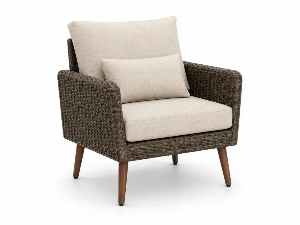 Gartensessel mit Armlehnen aus PE-Rattan mit Polyesterkissen und Akazienholzbeinen Braun Beige Schwarz 82 x 78 x 86 cm