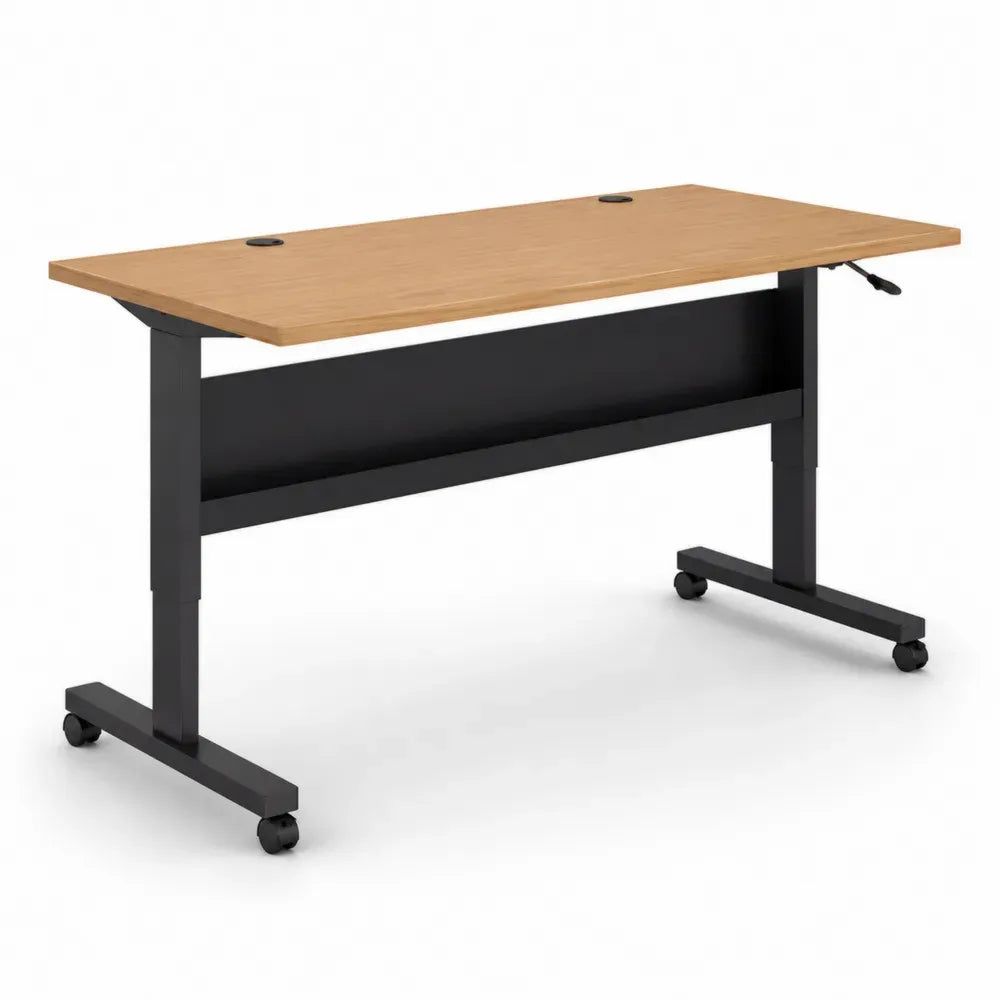 Höhenverstellbarer Schreibtisch Bürotisch mit Rollen Kurbel Kabeldurchlässen melaminbeschichtete Spanplatte pulverbeschichteter Stahl Eiche Schwarz 160 x 80 x 75 bis 115 cm