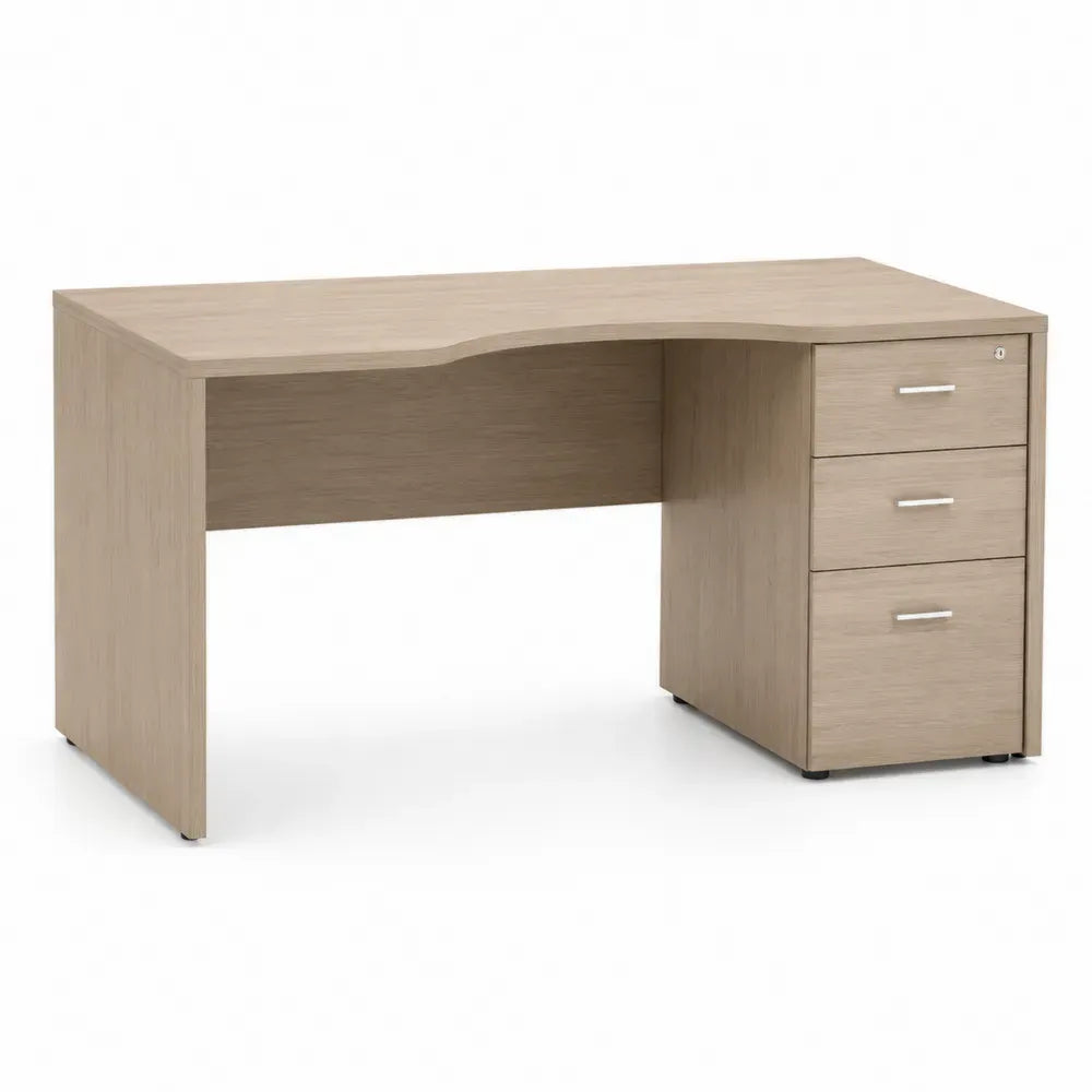 Schreibtisch mit 3 Schubladen 160 x 70 x 75 cm melaminbeschichtete Spanplatte gebogene Vorderkante Eiche hell Silberfarben Schwarz