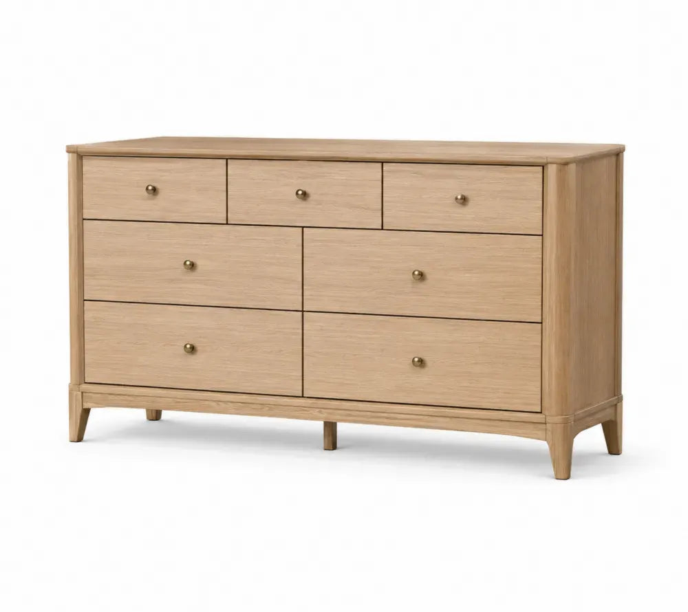 Kommode Schlafzimmer Schubladenschrank mit 7 Schubladen Eichenfurnier MDF Kautschukholz rechteckig Eiche natur Messingfarben 140 x 45 x 82 cm