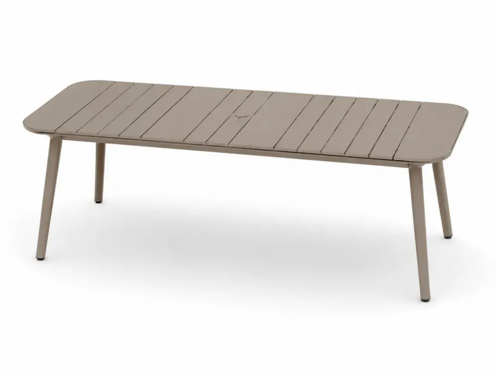 Gartentisch Esstisch 160 x 90 x 75 cm aus pulverbeschichtetem Aluminium rechteckig Taupe Schwarz mit Lamellentischplatte und Sonnenschirmöffnung