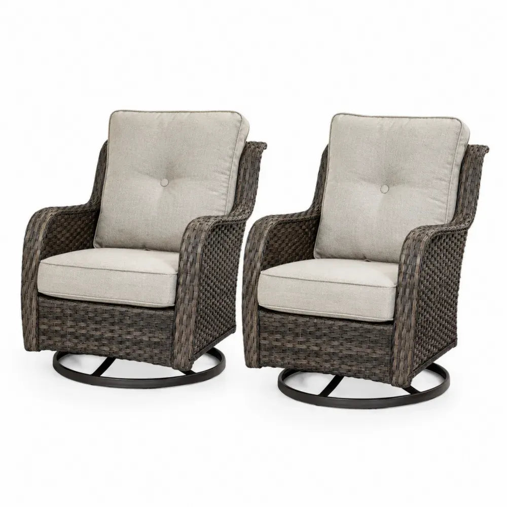 Gartensessel 2er Set drehbar mit Armlehnen runder Stahlbasis PE Rattan Polyester Braungrau Beige Schwarz 78 x 84 x 95 cm