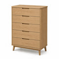 Kommode Schlafzimmer Schubladenschrank mit 5 Schubladen Eichenfurnier MDF Kautschukholz rechteckig Eiche natur 80 x 45 x 112 cm