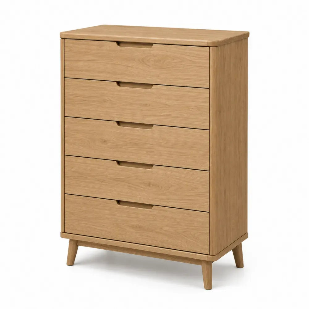 Kommode Schlafzimmer Schubladenschrank mit 5 Schubladen Eichenfurnier MDF Kautschukholz rechteckig Eiche natur 80 x 45 x 112 cm