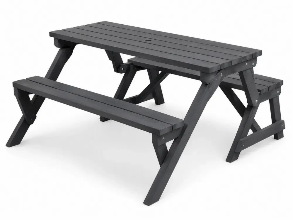 Picknicktisch Gartentisch 150 x 140 x 72 cm aus lackiertem Kiefernholz rechteckig Schwarz Silberfarben mit 2 Bänken und Sonnenschirmöffnung