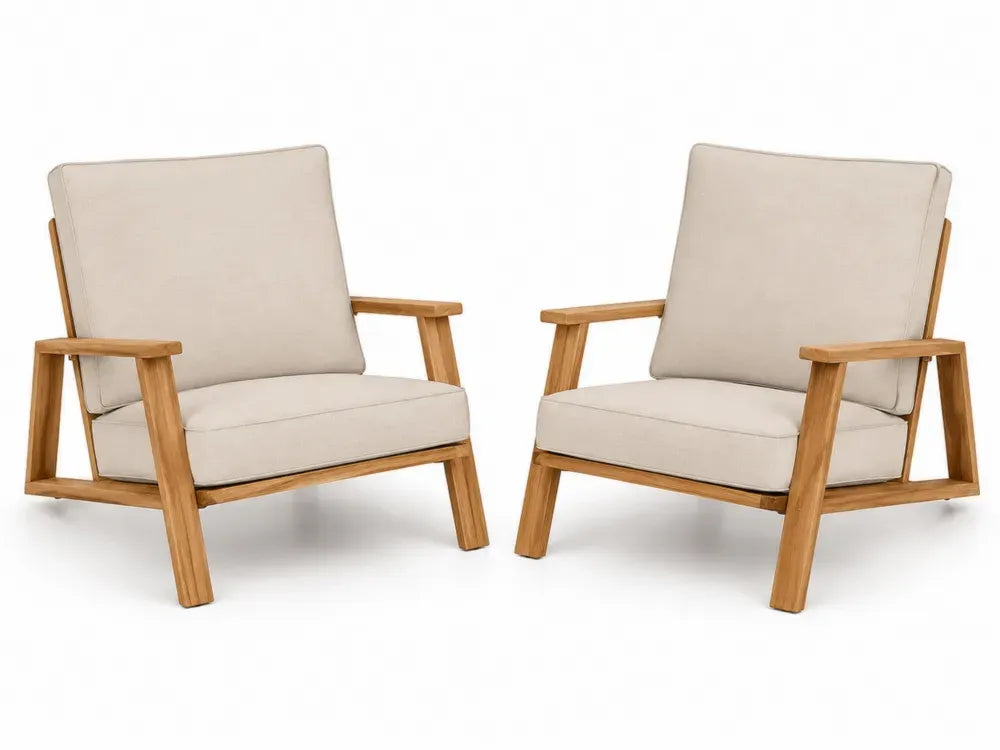 2er Set Gartensessel Loungesessel mit Armlehnen aus massivem Akazienholz und Polyesterkissen Naturfarben Beige 72 x 78 x 74 cm