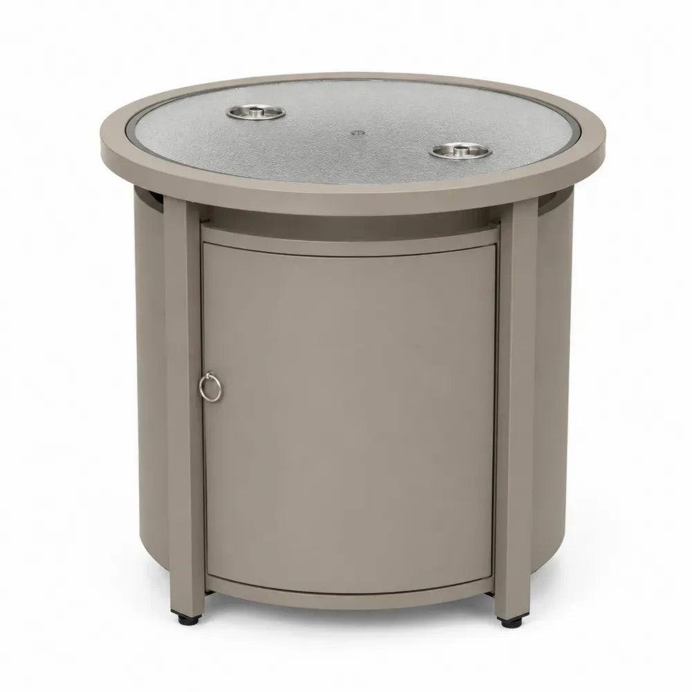 Gartentisch Beistelltisch Ø 75 x 70 cm aus pulverbeschichtetem Aluminium gehärtetem Strukturglas und Edelstahl rund Taupe Transparent Silberfarben mit Stauraum
