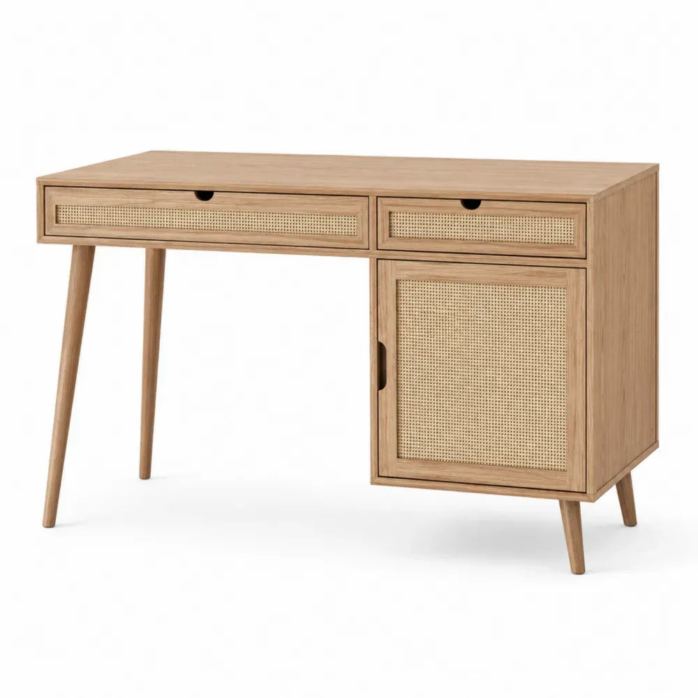 Schreibtisch rechteckig mit 2 Schubladen Türfach Rattangeflecht MDF Kautschukholz Natur Schwarz 120 x 55 x 78 cm