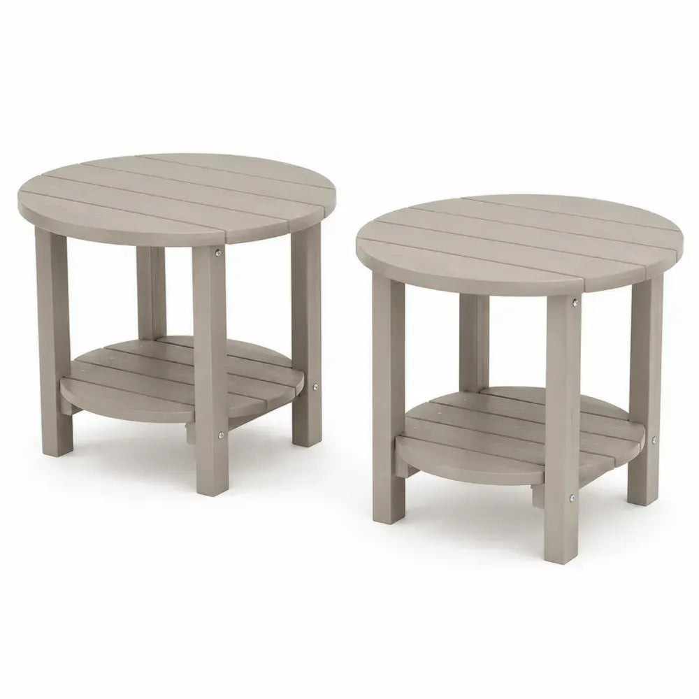 2er Set Gartenbeistelltische rund Ø 50 x 50 cm HDPE Kunststoff Lamellenplatte Ablageboden taupegrau silberfarben