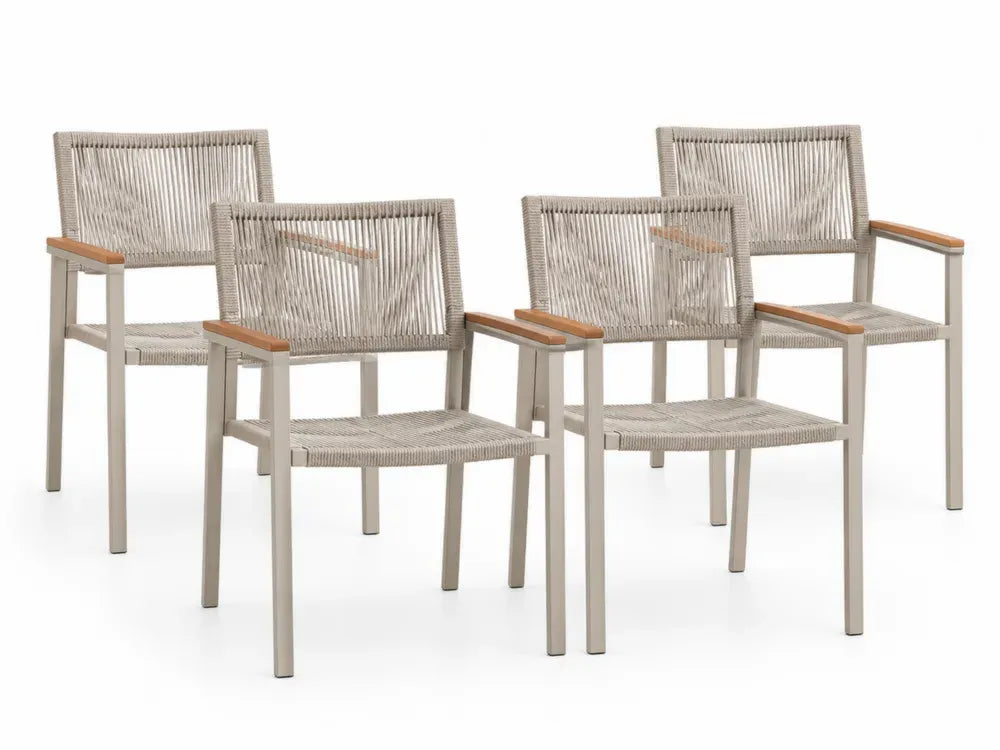 Gartenstuhl 4er Set stapelbar mit Armlehnen rechteckiger Sitzfläche Aluminium Polyesterseil Akazien-Massivholz Beige Taupe Braun 58 x 62 x 86 cm
