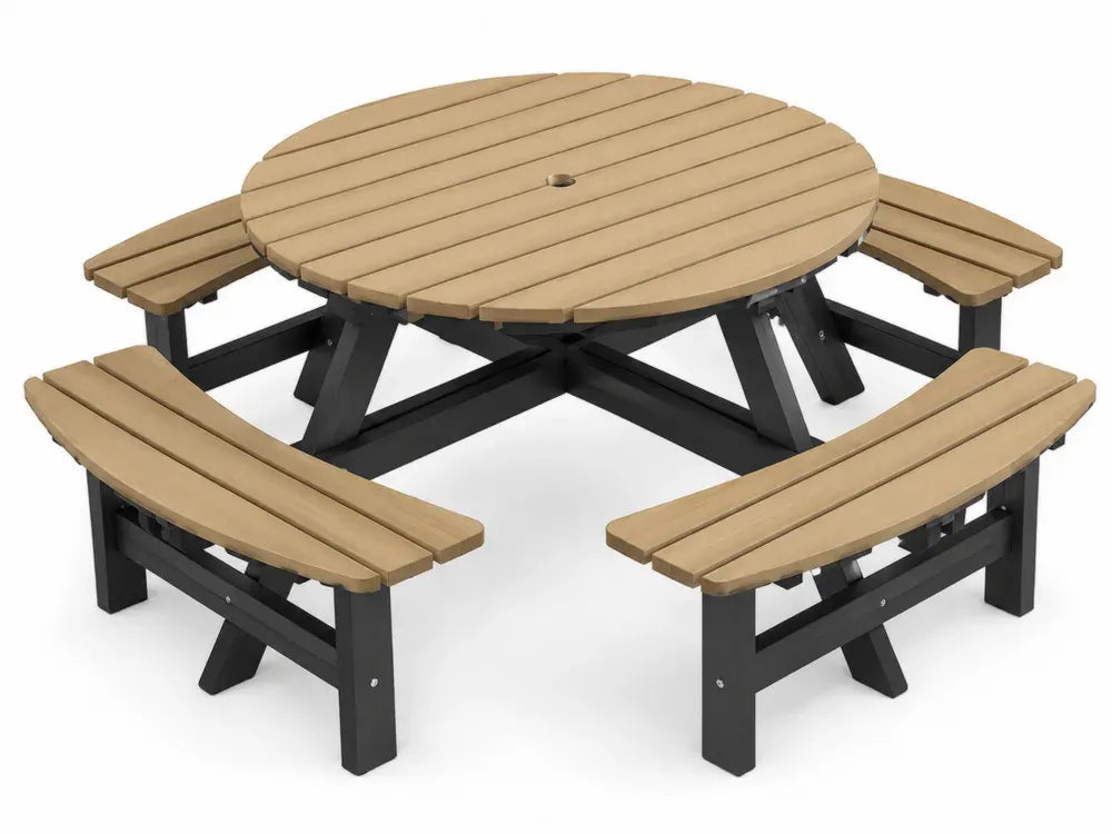 Picknicktisch Gartensitzgruppe rund mit 4 Bänken HDPE Lamellenoptik pulverbeschichteter Stahl Braun Schwarz 210 x 210 x 72 cm