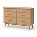 Kommode Schlafzimmer Schubladenschrank mit 7 Schubladen Eichenfurnier MDF Kautschukholz rechteckig Eiche natur Messingfarben 140 x 45 x 82 cm