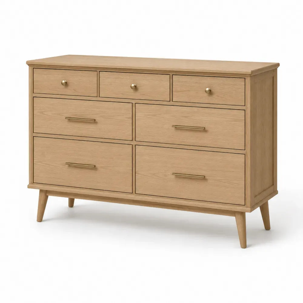 Kommode Schlafzimmer Schubladenschrank mit 7 Schubladen Eichenfurnier MDF Kautschukholz rechteckig Eiche natur Messingfarben 140 x 45 x 82 cm